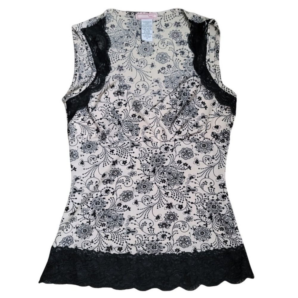 Y2K Floral Babydoll Tank Top Black Lace Trim Stretchy‎ Sz S Coquette